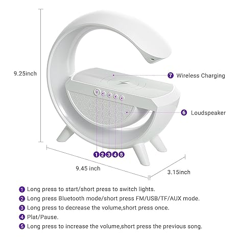 G Lamp Rechargeable Multifunctional Bluetooth Speaker With 15W Wireless Charger Cum Color Changing Desk Lamp Bedside Table Lamp Fm Radio With Aux & Wireless Charger-Plastic, Led
