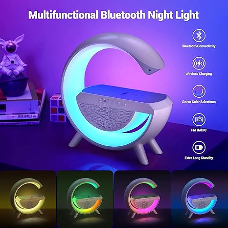 G Lamp Rechargeable Multifunctional Bluetooth Speaker With 15W Wireless Charger Cum Color Changing Desk Lamp Bedside Table Lamp Fm Radio With Aux & Wireless Charger-Plastic, Led