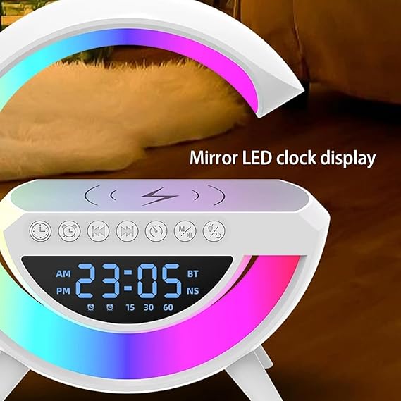 New Smart Alarm Clock Multifunctional G-Shape RGB Lamp with Bluetooth Speaker FM Radio and Wireless Charging for Bedroom Living Room Gaming Room.