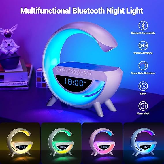 New Smart Alarm Clock Multifunctional G-Shape RGB Lamp with Bluetooth Speaker FM Radio and Wireless Charging for Bedroom Living Room Gaming Room.