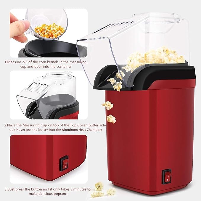 Hot Air Popper, Electric Popcorn Maker Machine with 1200W, No oil needed, Healthy and Delicious Snack for Kids, Adults.Great for Holding Parties in Home