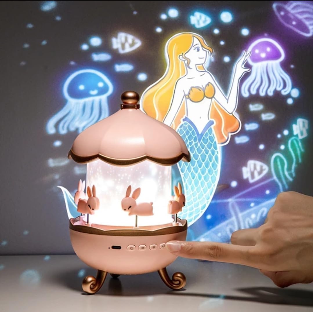 Night Light Rabbit Sky Projector for Kids – 360° Rotating Lamp with 6 Films, 5 Colours, Rechargeable Battery, Bedroom & Office Decor, Birthday Gift for Children.