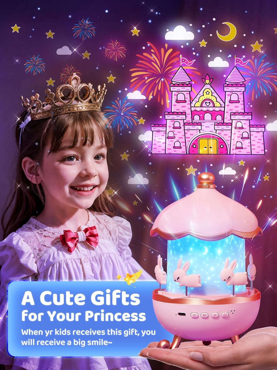 Night Light Rabbit Sky Projector for Kids – 360° Rotating Lamp with 6 Films, 5 Colours, Rechargeable Battery, Bedroom & Office Decor, Birthday Gift for Children.