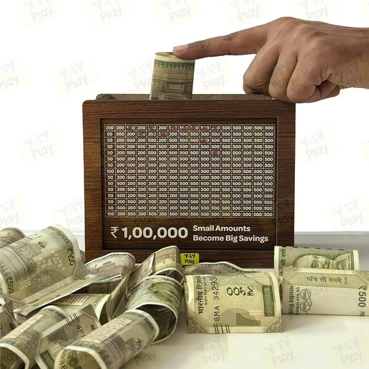 Wooden Money Saving Box | Cash Saver Money Box with Counting Target | ₹1,00,000 Savings Challenge Piggy Bank | Coin & Cash Bank for Boys, Girls and Adult | Durable & Eco-Friendly