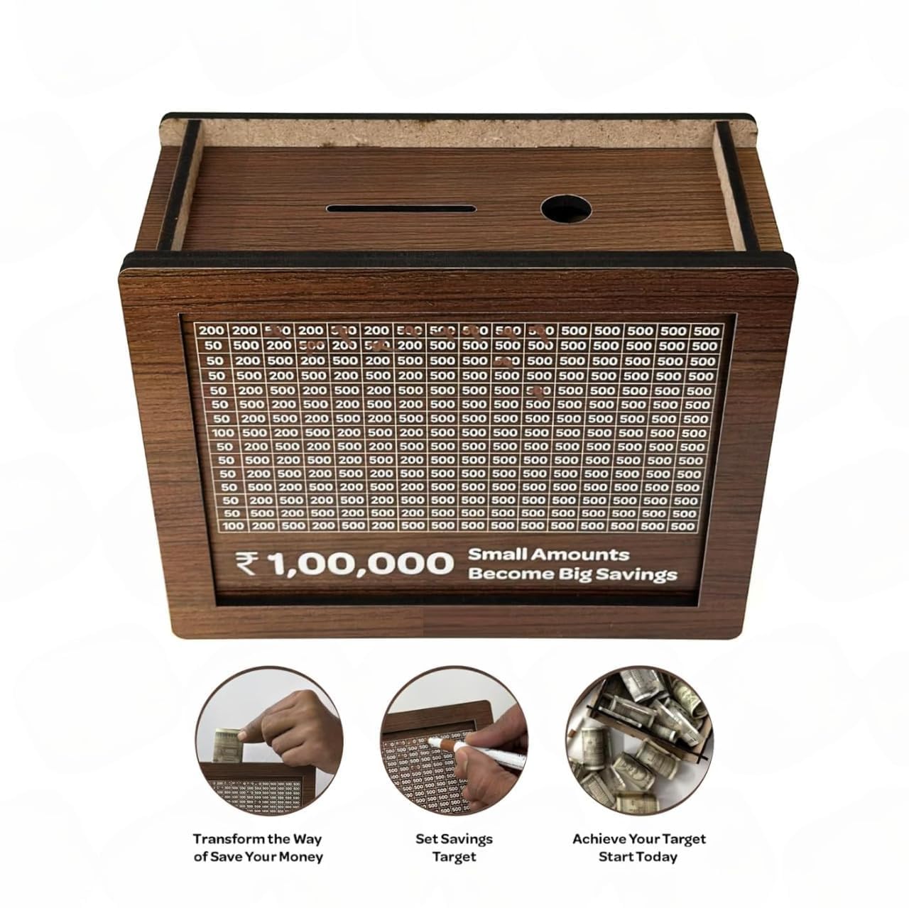 Wooden Money Saving Box | Cash Saver Money Box with Counting Target | ₹1,00,000 Savings Challenge Piggy Bank | Coin & Cash Bank for Boys, Girls and Adult | Durable & Eco-Friendly