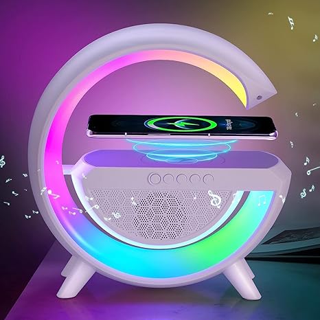 G Lamp Rechargeable Multifunctional Bluetooth Speaker With 15W Wireless Charger Cum Color Changing Desk Lamp Bedside Table Lamp Fm Radio With Aux & Wireless Charger-Plastic, Led
