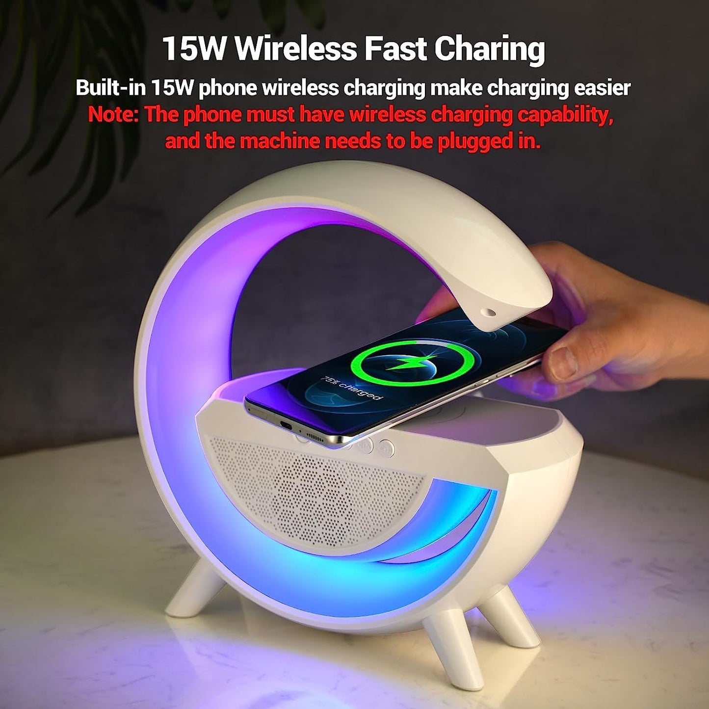 G Lamp Rechargeable Multifunctional Bluetooth Speaker With 15W Wireless Charger Cum Color Changing Desk Lamp Bedside Table Lamp Fm Radio With Aux & Wireless Charger-Plastic, Led