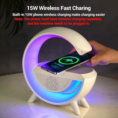 G Lamp Rechargeable Multifunctional Bluetooth Speaker With 15W Wireless Charger Cum Color Changing Desk Lamp Bedside Table Lamp Fm Radio With Aux & Wireless Charger-Plastic, Led
