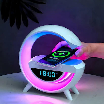 New Smart Alarm Clock Multifunctional G-Shape RGB Lamp with Bluetooth Speaker FM Radio and Wireless Charging for Bedroom Living Room Gaming Room.