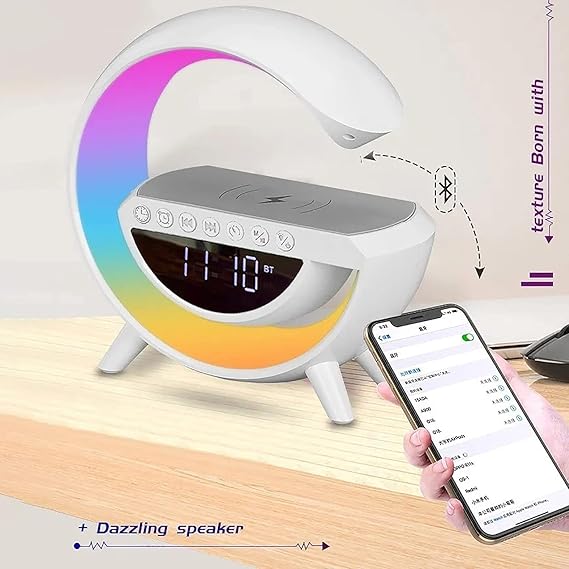 New Smart Alarm Clock Multifunctional G-Shape RGB Lamp with Bluetooth Speaker FM Radio and Wireless Charging for Bedroom Living Room Gaming Room.