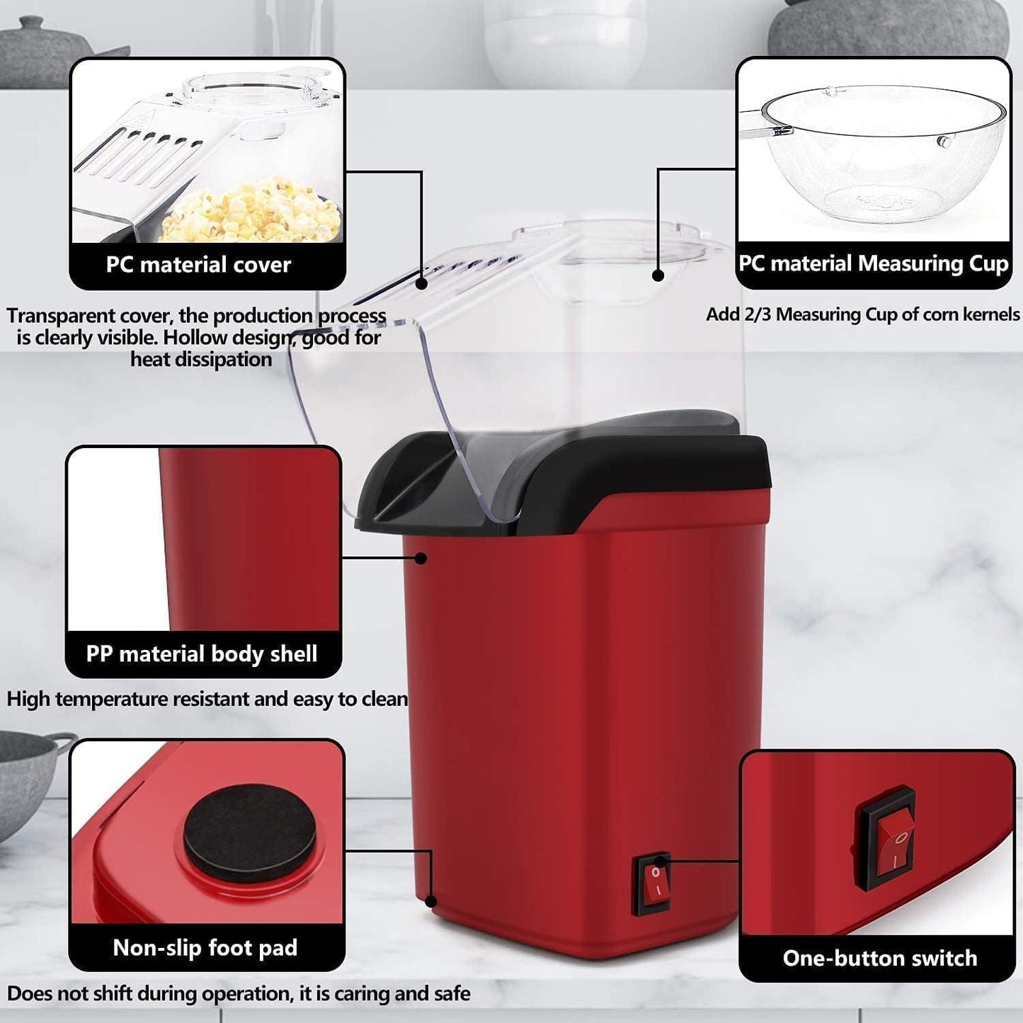 Hot Air Popper, Electric Popcorn Maker Machine with 1200W, No oil needed, Healthy and Delicious Snack for Kids, Adults.Great for Holding Parties in Home