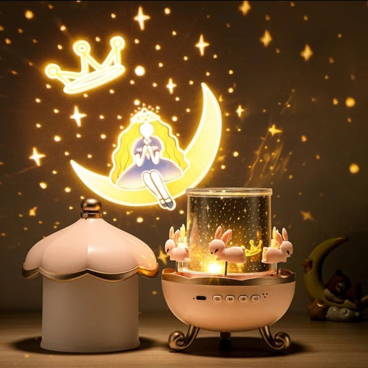 Night Light Rabbit Sky Projector for Kids – 360° Rotating Lamp with 6 Films, 5 Colours, Rechargeable Battery, Bedroom & Office Decor, Birthday Gift for Children.