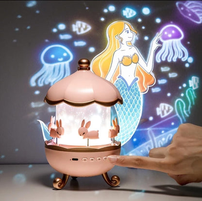Night Light Rabbit Sky Projector for Kids – 360° Rotating Lamp with 6 Films, 5 Colours, Rechargeable Battery, Bedroom & Office Decor, Birthday Gift for Children.