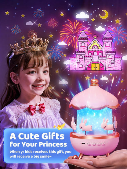 Night Light Rabbit Sky Projector for Kids – 360° Rotating Lamp with 6 Films, 5 Colours, Rechargeable Battery, Bedroom & Office Decor, Birthday Gift for Children.