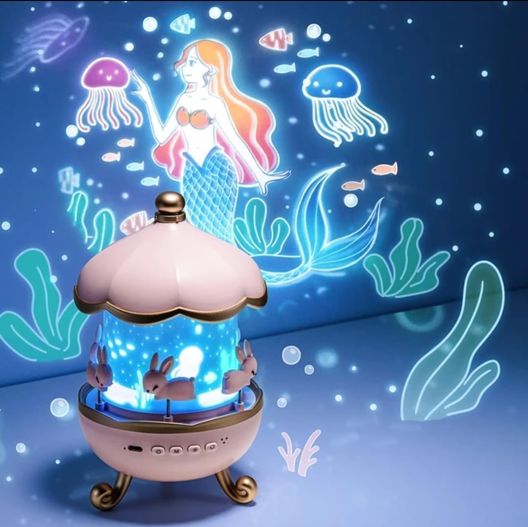 Night Light Rabbit Sky Projector for Kids – 360° Rotating Lamp with 6 Films, 5 Colours, Rechargeable Battery, Bedroom & Office Decor, Birthday Gift for Children.