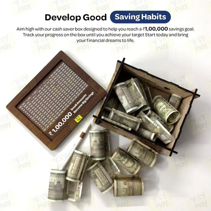 Wooden Money Saving Box | Cash Saver Money Box with Counting Target | ₹1,00,000 Savings Challenge Piggy Bank | Coin & Cash Bank for Boys, Girls and Adult | Durable & Eco-Friendly